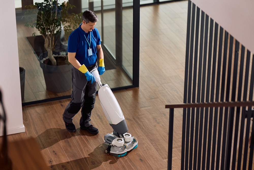 Daily and after-hours commercial cleaning team on site