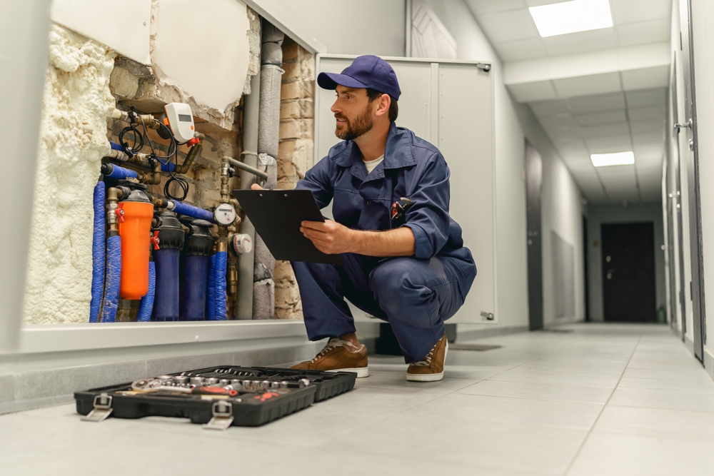 Licensed commercial plumber diagnosing a leak
